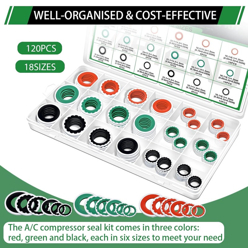 Japtend 120PCS A/C Compressor Seal Washers Assortment Kit, 18 Sizes 3 Colors Automotive Air Conditioning System Compressor Port Bonded Seal Gasket Kit (Red & Green & Black) - Image 5